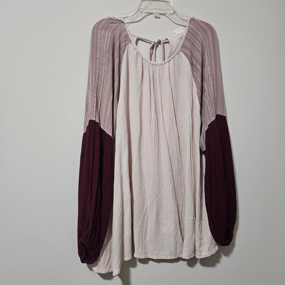 143 Story by Line Up Boho Colorblock Balloon Sleeve Tunic Top Cream Burgundy 2XL